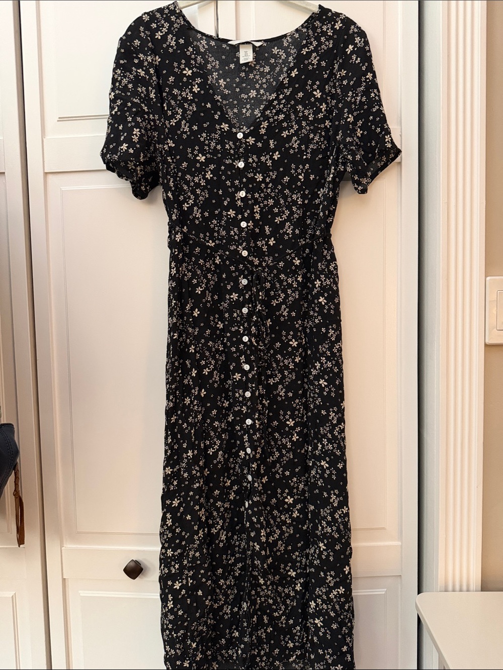 H&M Black Maxi Dress with Cream Floral Print Maternity Button Front